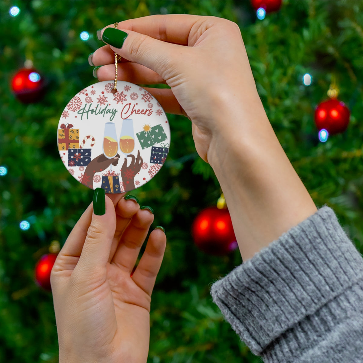 “Holiday Cheers” Ceramic Ornament, 4 Shapes