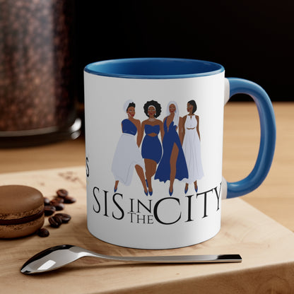 "Sis in the City" Blue & White Accent Coffee Mug, 11oz